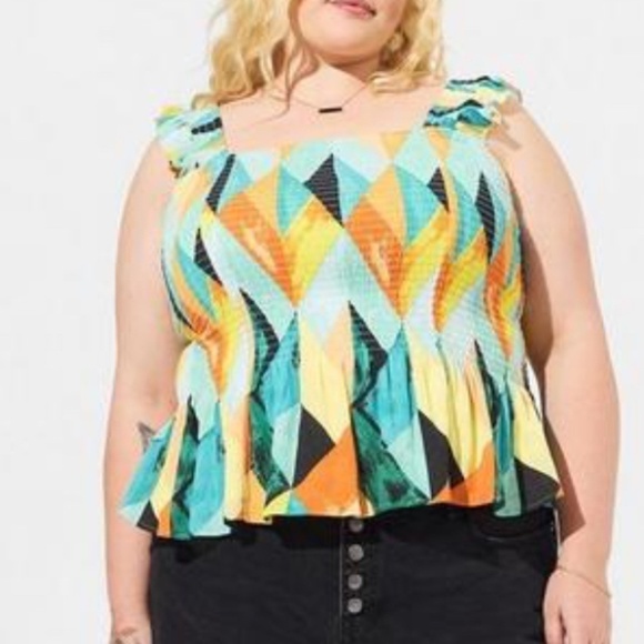 Torrid Top Women 4X Yellow Peplum Crinkle Gauze Smocked Ruffle Geometric Goth - Picture 2 of 15